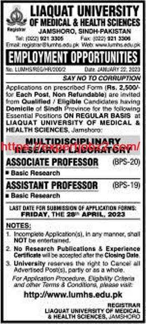 Advertisement of Teaching Staff Jobs at Liaquat University of Medical & Health Sciences (LUMHS)