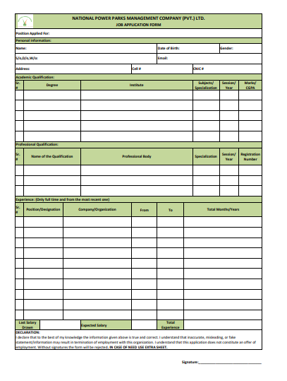 Application form of National Power Parks Management Company NPPMC Jobs